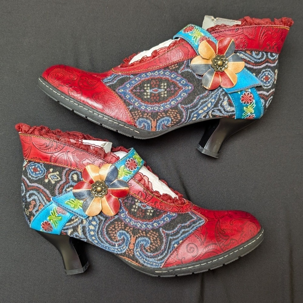 Socofy Vintage Lace Hook Loop Red Genuine Leather Patchwork Ankle Bootie Size 41
